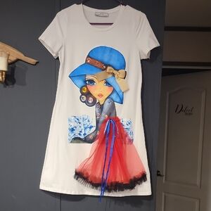Chic White Dress with Blue Hat Graphic
